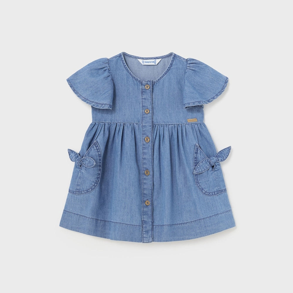 Mayoral Baby Denim Dress Medium Denim with puff sleeves and bow-pocket sides, button-down front.