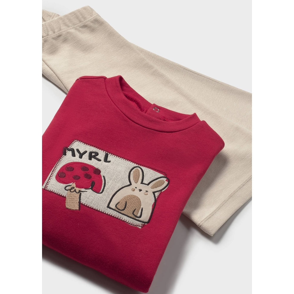 Mayoral Baby Pants and Sweater Set Red; beige pants peek under a red sweater with bunny and mushroom applique.