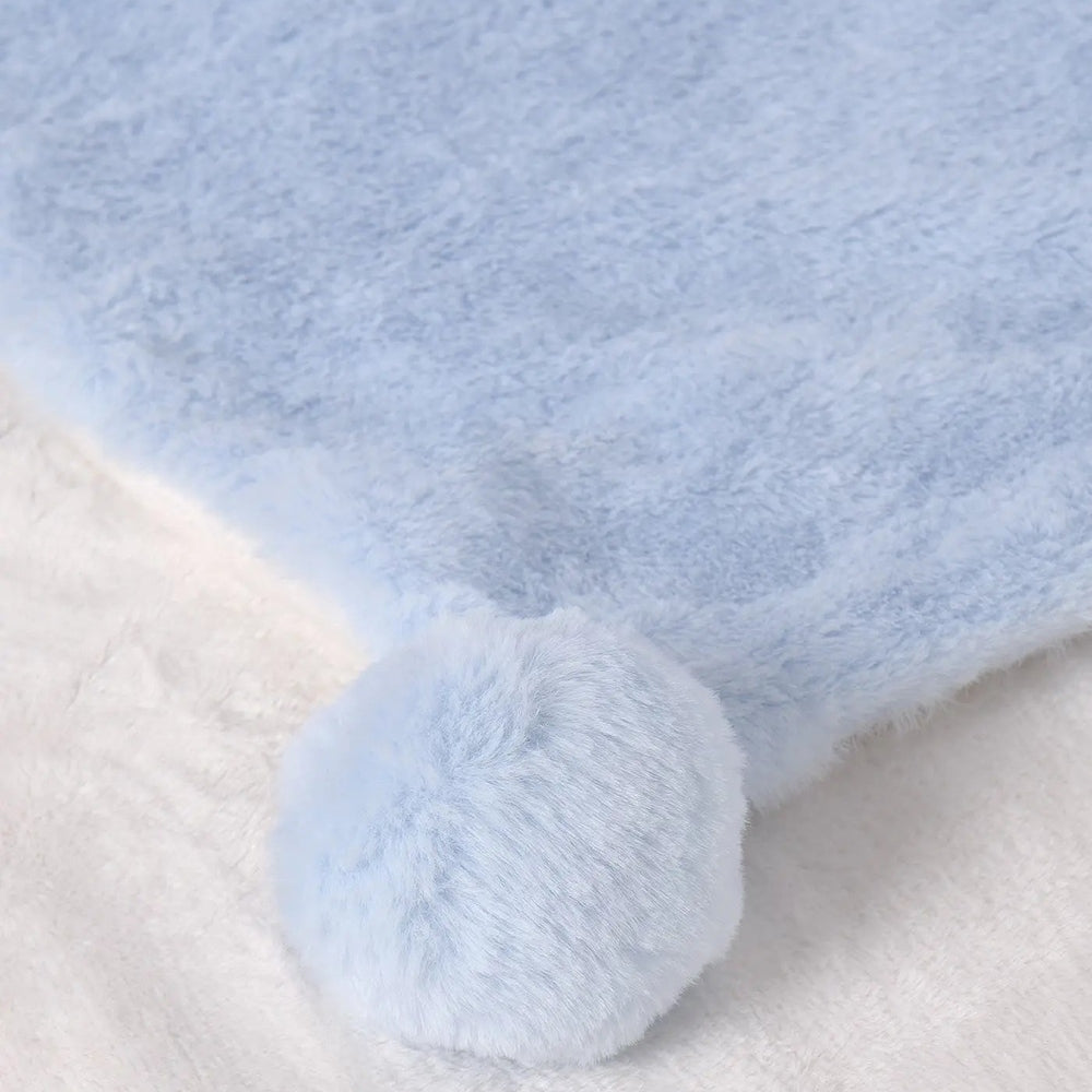 Mayoral Baby Pompom Blanket in light blue plush fabric with a soft pompom edge.