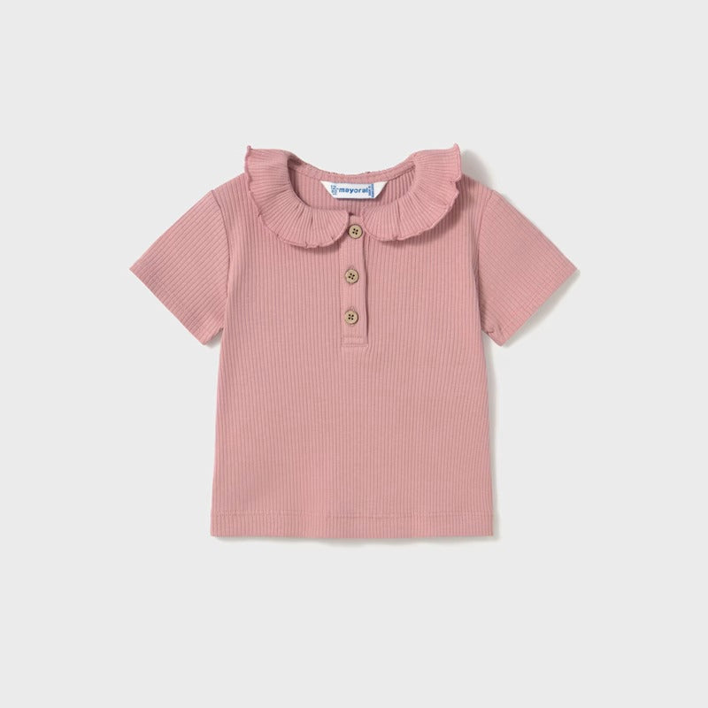 Mayoral Baby Ribbed Polo With Ruffle Collar Rose laid flat, pink rib knit polo with button placket