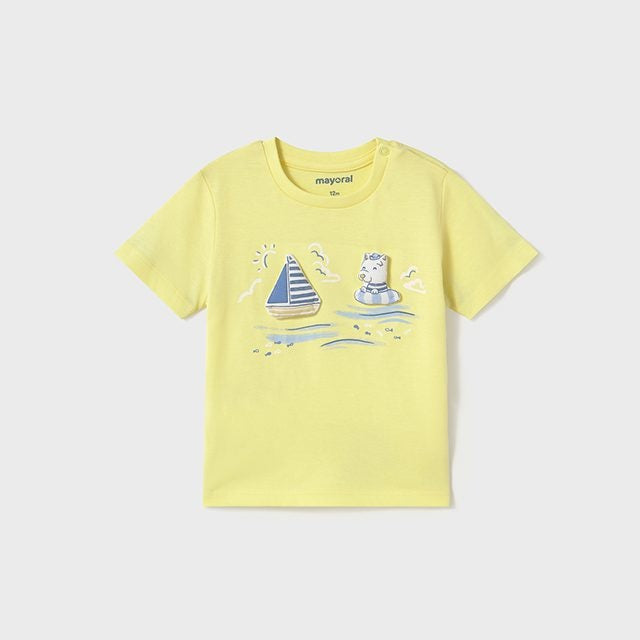 Mayoral Baby Sailboat T-Shirt Sorbet Yellow with blue sailboat and cat graphic on front.