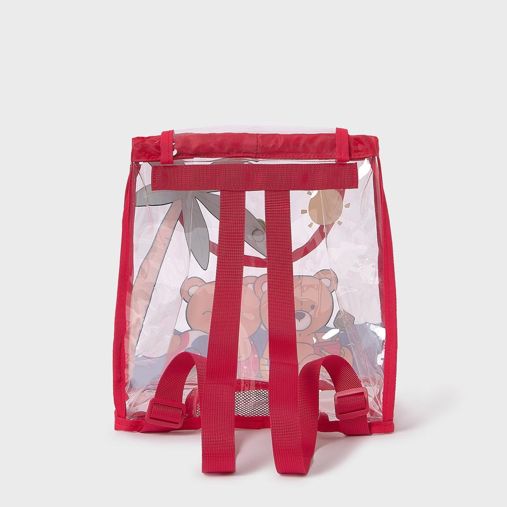 Mayoral Baby Transparent Beach Backpack with red straps; clear body shows teddy bear print and adjustable straps for outings.