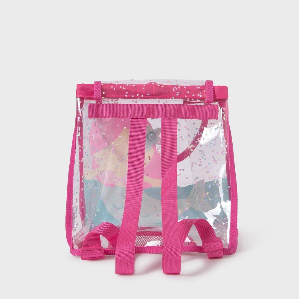 Mayoral Baby Transparent Beach Backpack, pink clear PVC with glitter confetti, pink straps ready to wear.