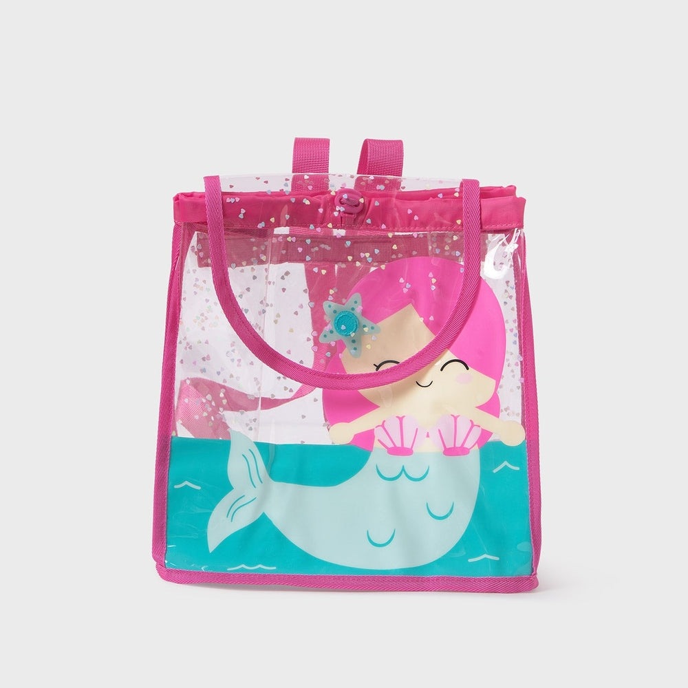 Mayoral Baby Transparent Beach Backpack, pink trim, clear PVC with mermaid graphic; perfect for sunny family outings.