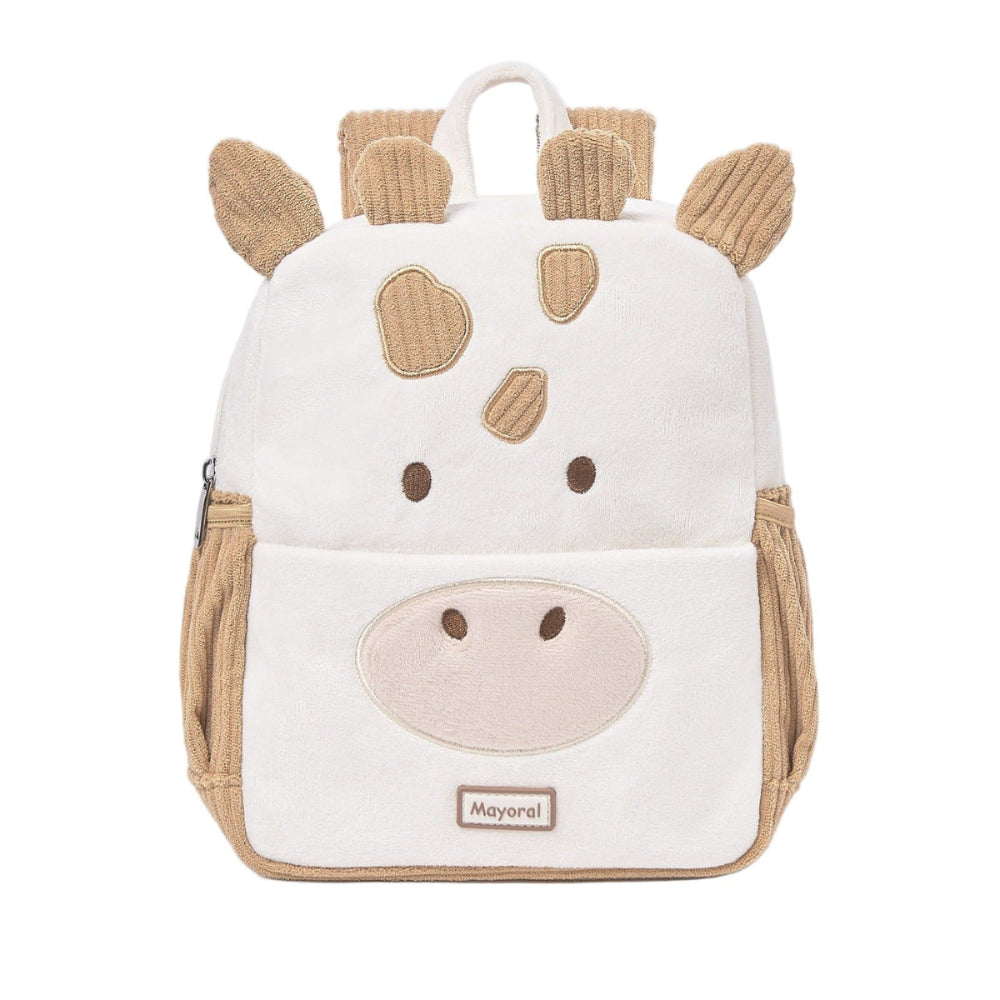 Mayoral backpack with plush giraffe design; white fabric, beige ears, horns, pockets