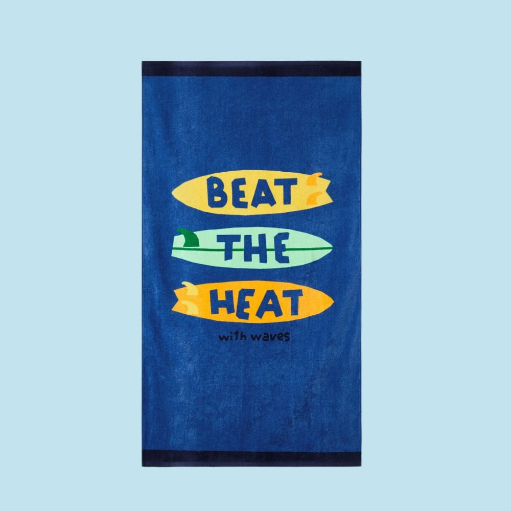 Mayoral Riviera Beach Cotton Towel for Babies, blue with colorful surfboard graphics.