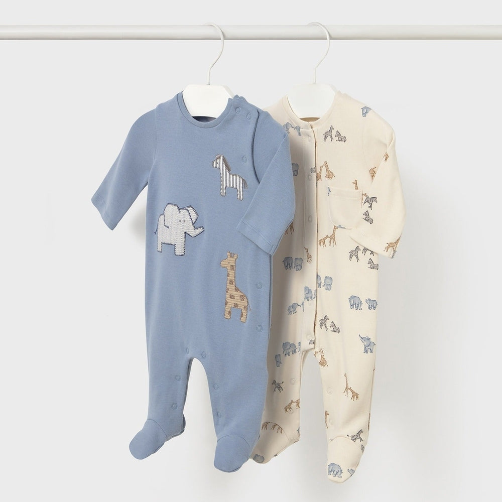 Mayoral baby bodysuit 2-pack in blue and cream with stitched animal appliques