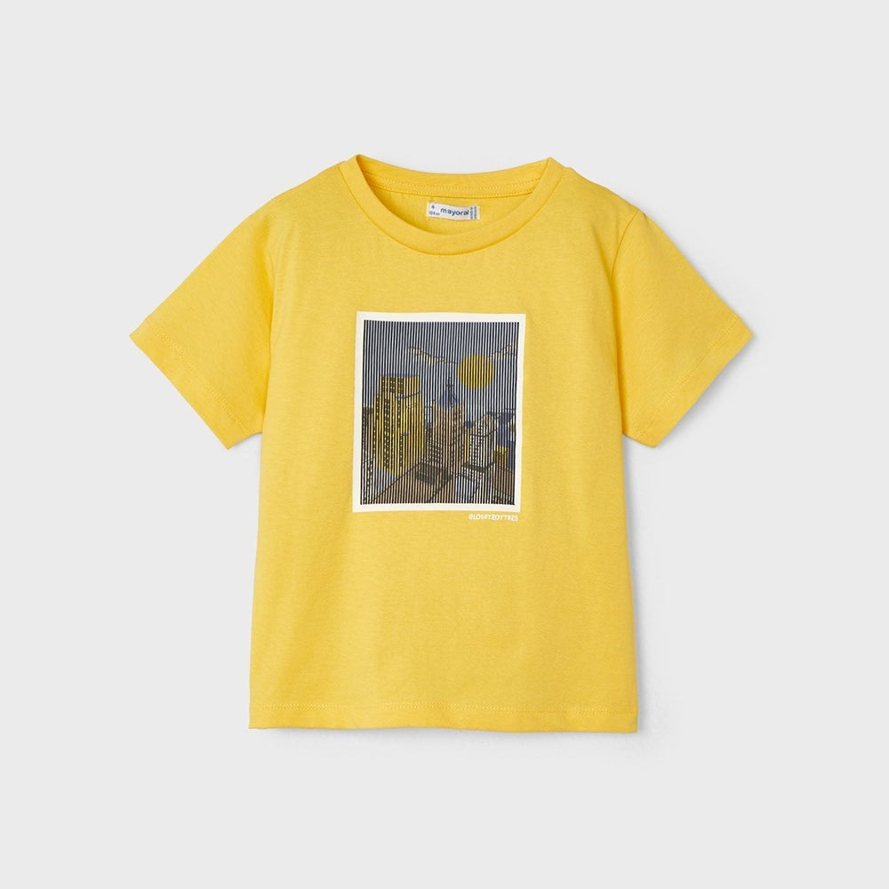 Mayoral Boys T-Shirt Yellow Sun, bright cotton tee with central cityscape sun graphic, laid flat.