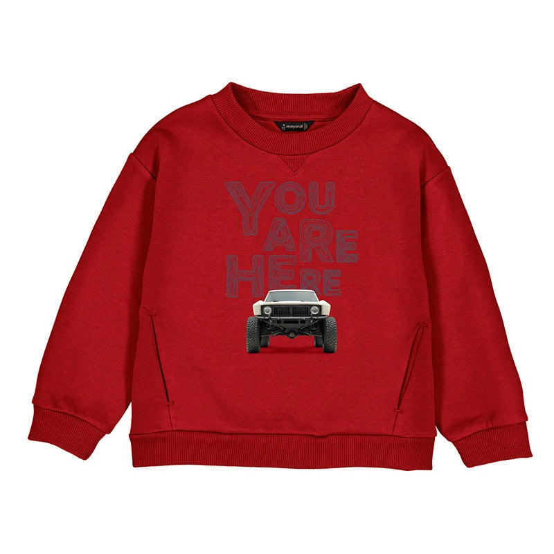 Mayoral red car-print pullover for toddlers with a jeep graphic, cozy toddler top