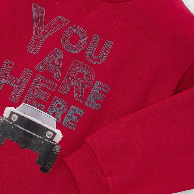 Mayoral red car-print pullover for toddlers with a small black and white toy vehicle graphic