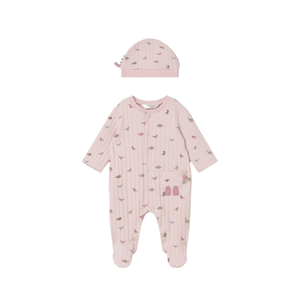 MAYORAL pink dinosaur-print romper and matching hat two-piece set for baby, ribbed fabric.