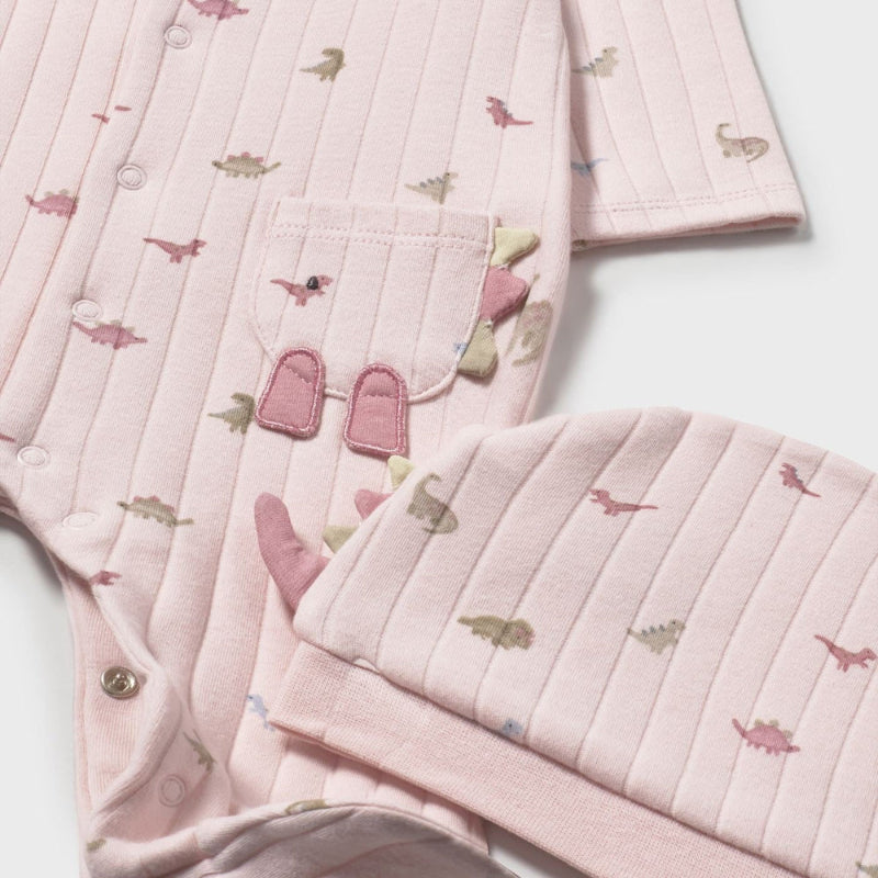 MAYORAL two-piece dinosaur-print romper and hat set in pale pink for babies