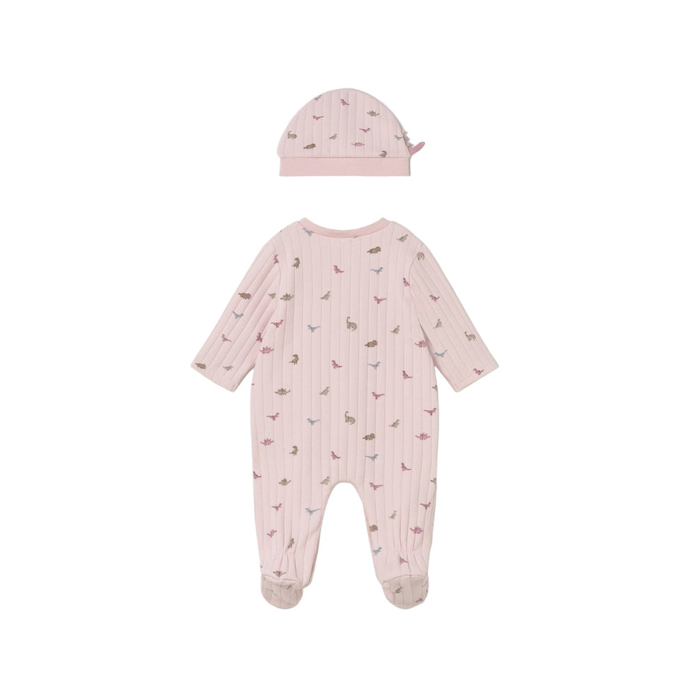 MAYORAL baby pink dinosaur-print romper with matching ribbed hat; 2-piece set