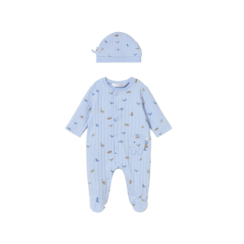 MAYORAL dinosaur print baby romper with matching light-blue hat; footed one-piece set