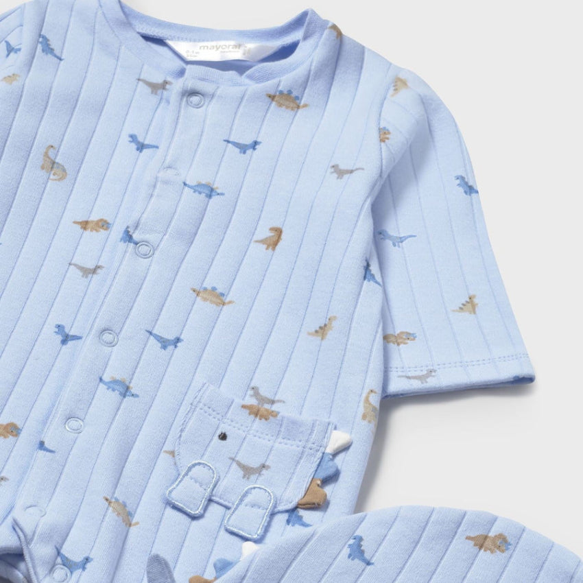 Mayoral dinosaur-print romper and hat set in light blue striped cotton for babies