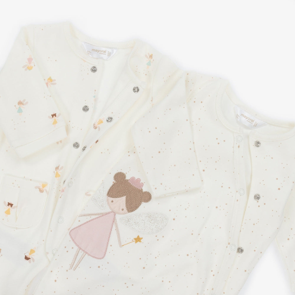 Mayoral Fairy Bodysuit 2-pack, natural cream with pink-winged fairy and gold stars