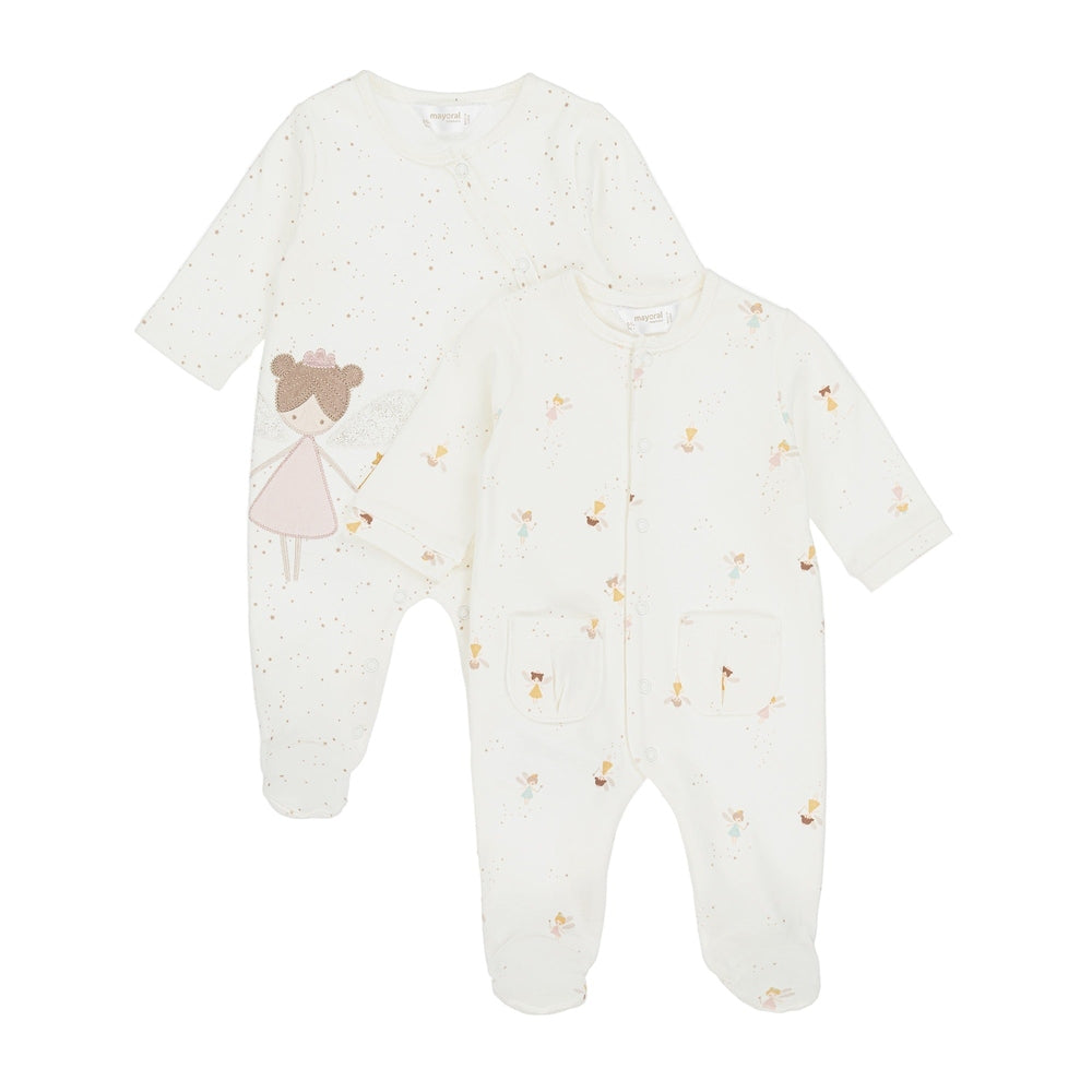 Mayoral Fairy Bodysuit 2-pack white with pastel fairy prints and pink-dressed girl illustration