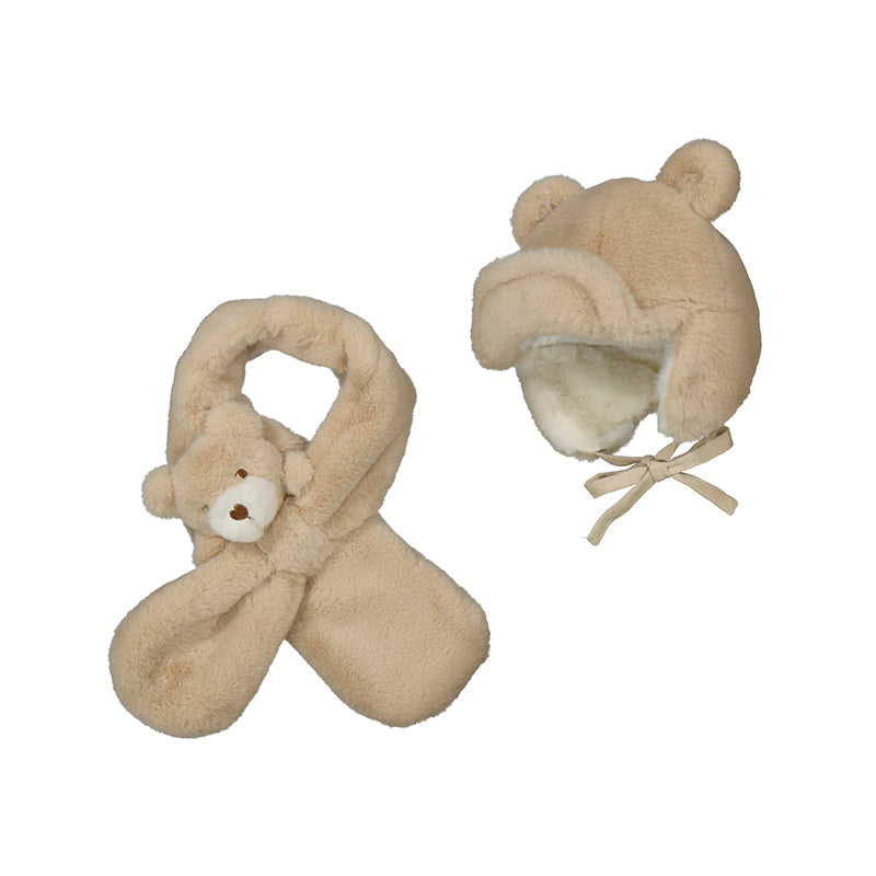 Mayoral Fur Hat & Scarf Set Sand