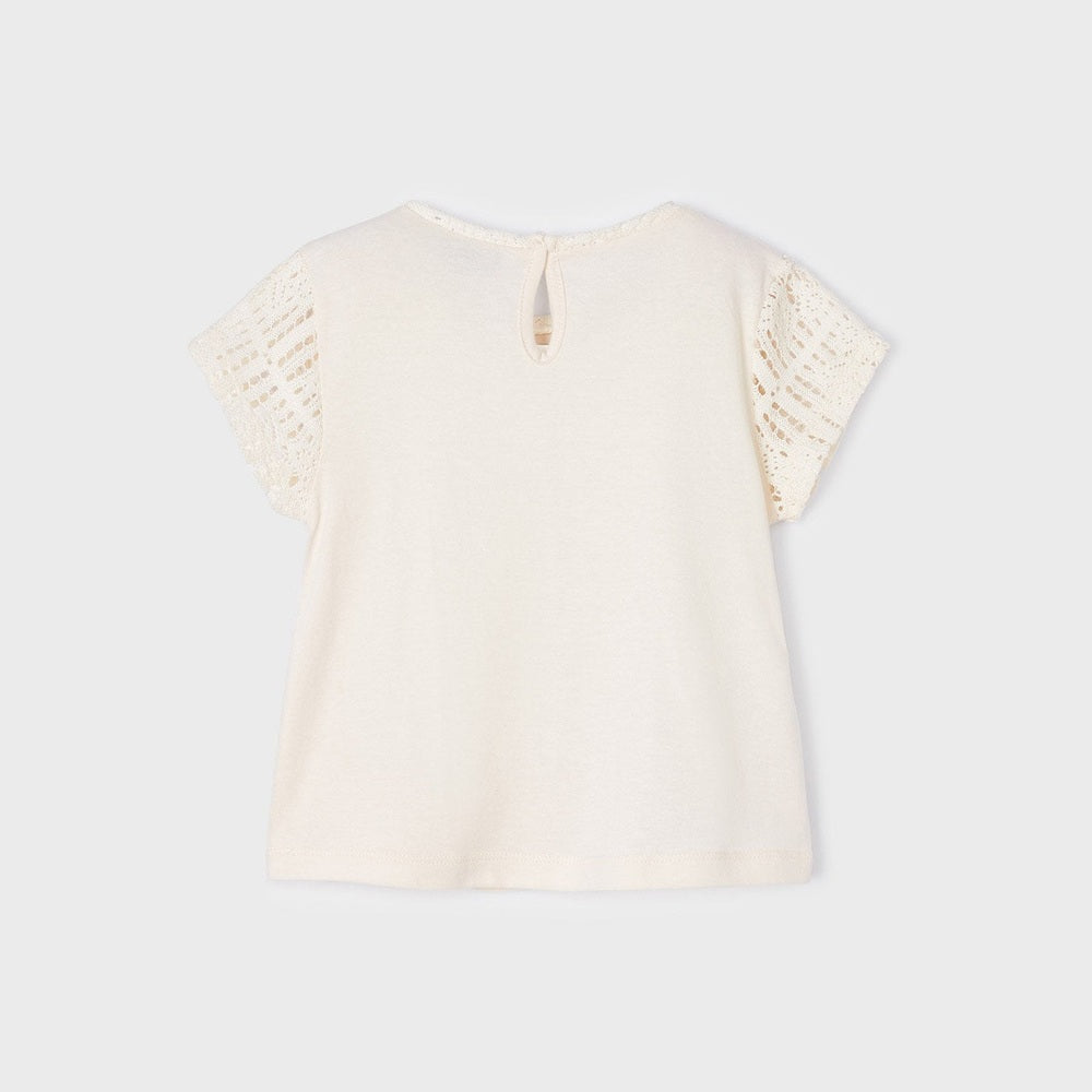 Mayoral girl appliques T-shirt in cream with lace short-sleeve panels