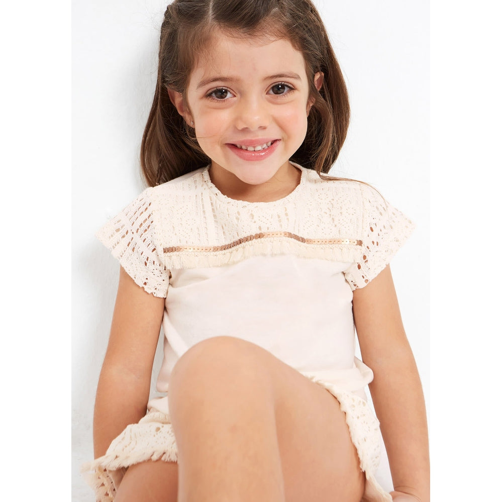 MAYORAL girls cream appliqué T‑shirt with crochet lace sleeves and fringe trim