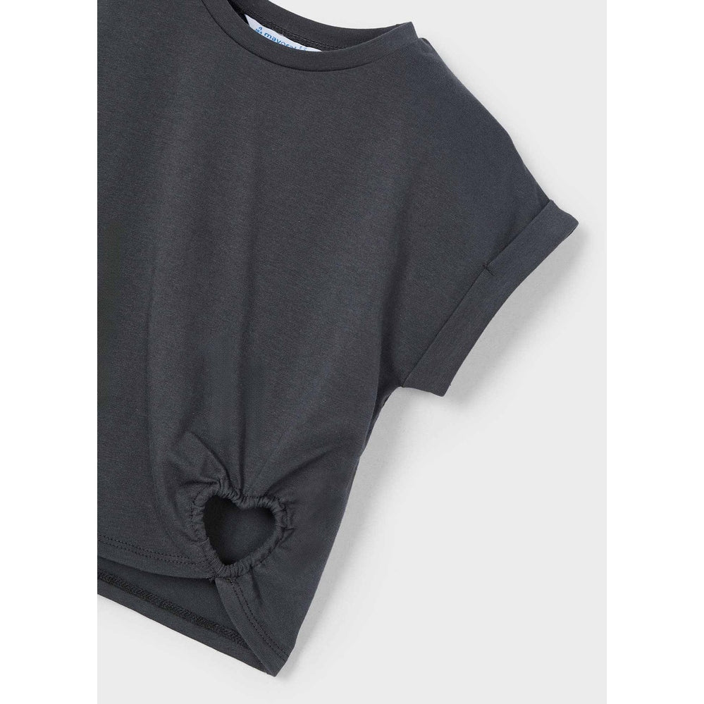 Mayoral Girl Heart T-Shirt Charcoal with a heart-cutout hem and short rolled sleeves.