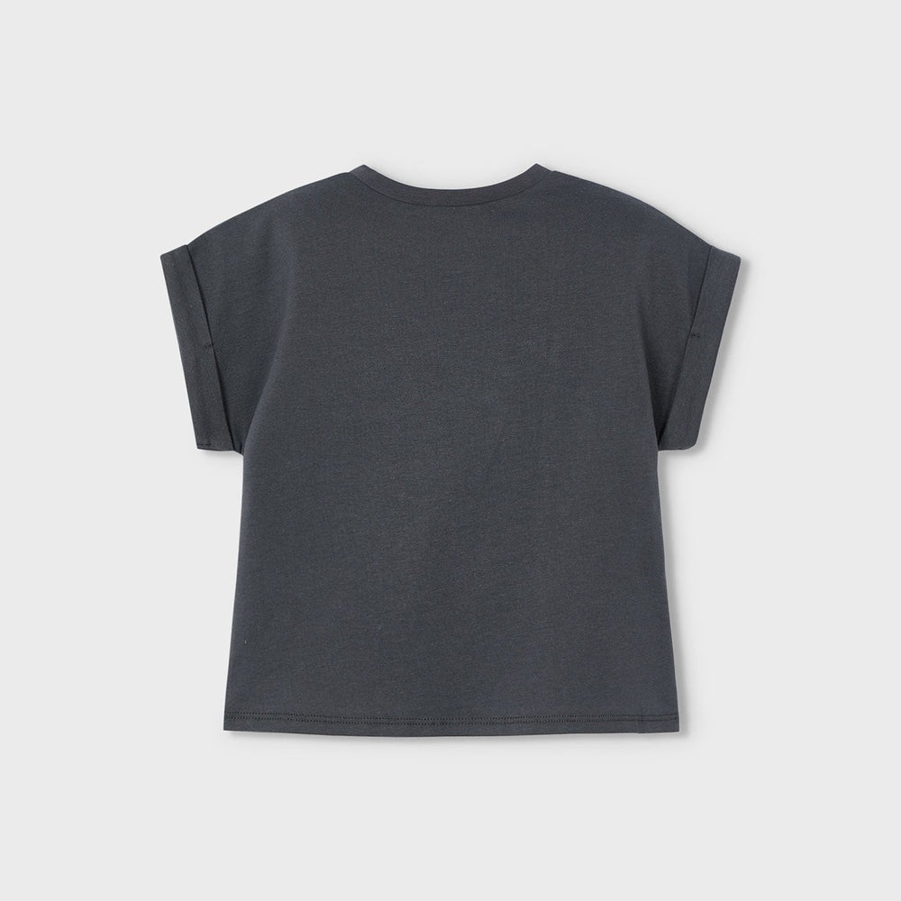 Mayoral Girl Heart T-Shirt Charcoal, charcoal short-sleeve toddler top, back view with rolled cuffs.
