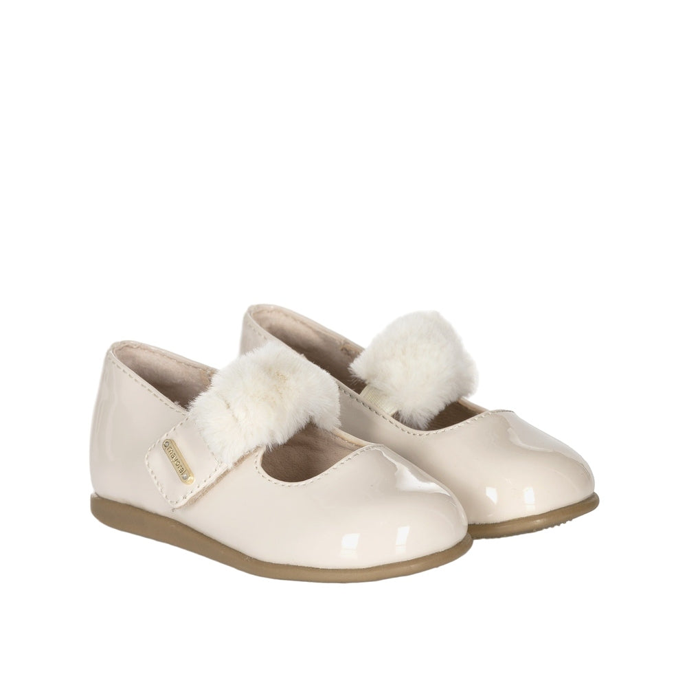 Mayoral Girl Patent Leather Mary Janes, beige patent finish with fluffy white faux-fur strap, shown as a pair on a flat surface.