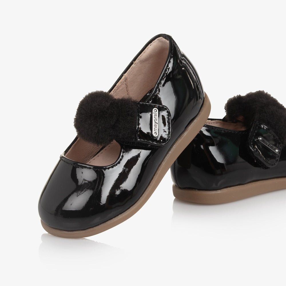 MAYORAL Girl Patent Leather Mary Janes with fuzzy pom-pom strap, glossy black finish and tan sole