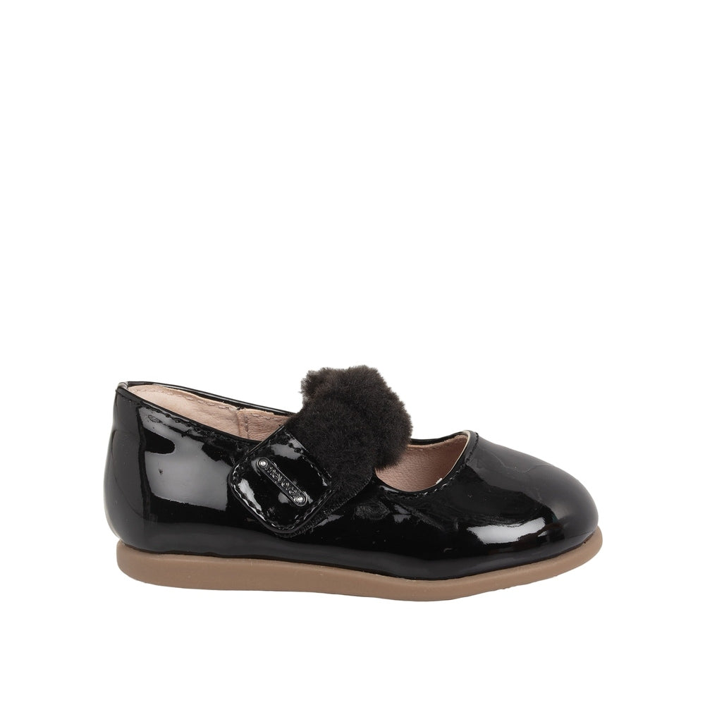 MAYORAL Girl Patent Leather Mary Janes with a fluffy strap, glossy black finish, beige lining, tan sole.