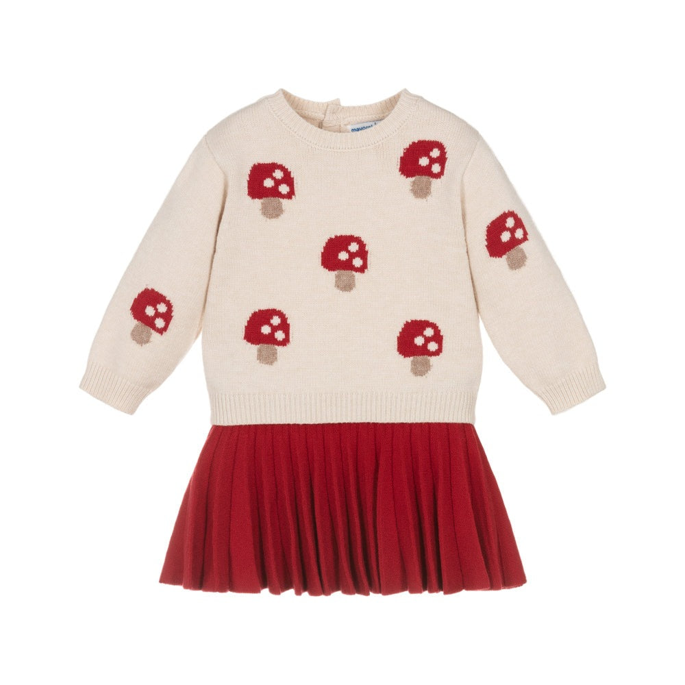 Mayoral girls knit sweater set with cream sweater featuring red mushroom prints and red pleated skirt
