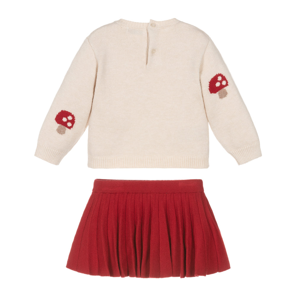 Mayoral girls baby knit sweater and red pleated skirt set with mushroom patches