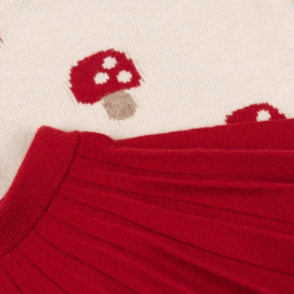 MAYORAL baby girls tricot skirt set: cream top with red mushroom pattern and red pleated skirt