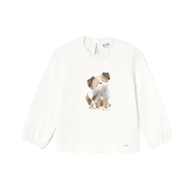 MAYORAL girls cream cotton dog-print long-sleeve top for toddlers