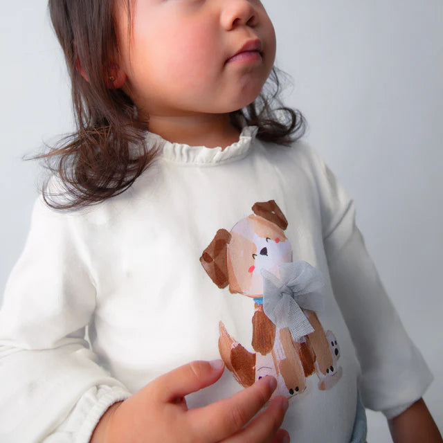 Mayoral girls cream cotton top with brown dog print and light blue bow