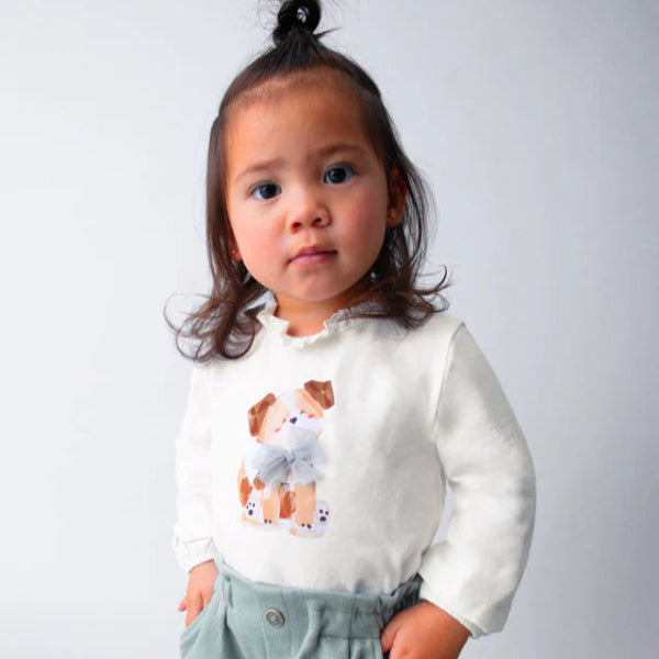 Mayoral Girls Cotton Dog Print Top Shirt Cream