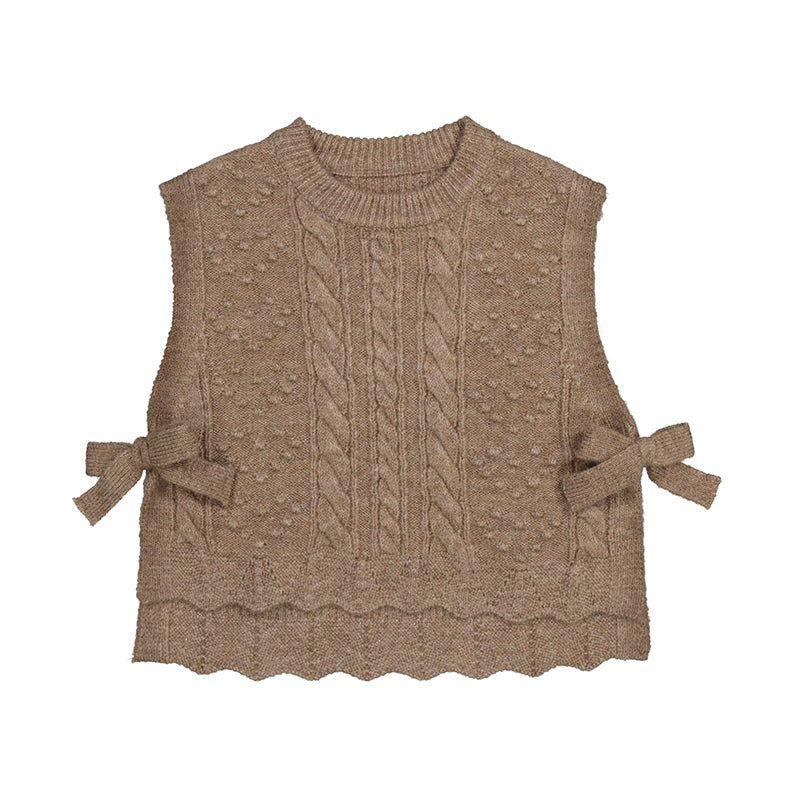 MAYORAL knitting vest in brown for baby, cable-knit with side bow ties and scalloped hem
