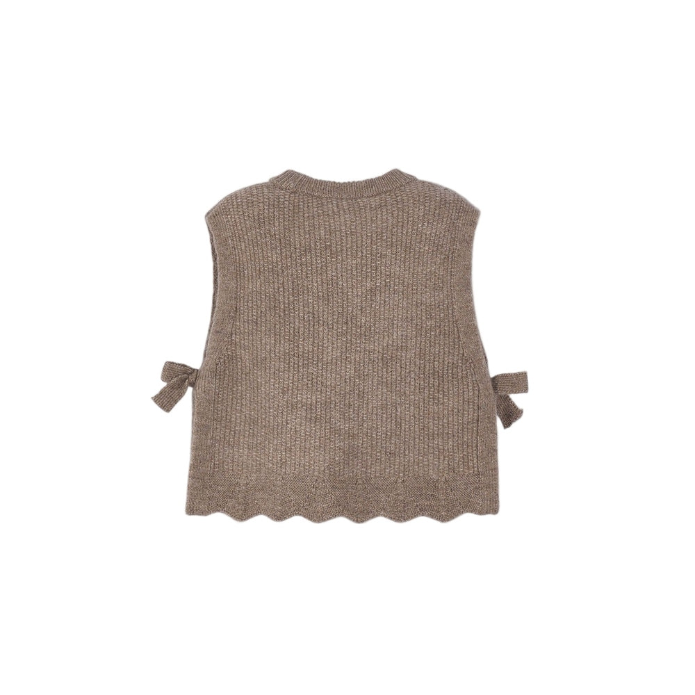 Mayoral brown knitted baby vest, sleeveless with side bow ties and scalloped hem