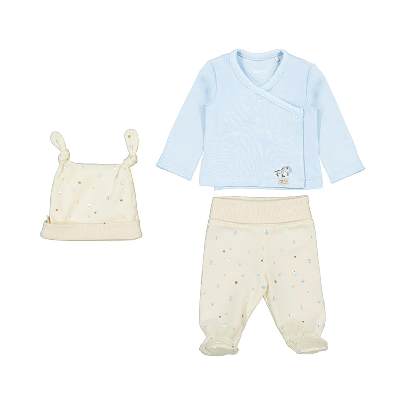 Mayoral three-piece baby sleepwear set: light blue wrap top, cream dotted pants, and matching cream beanie.