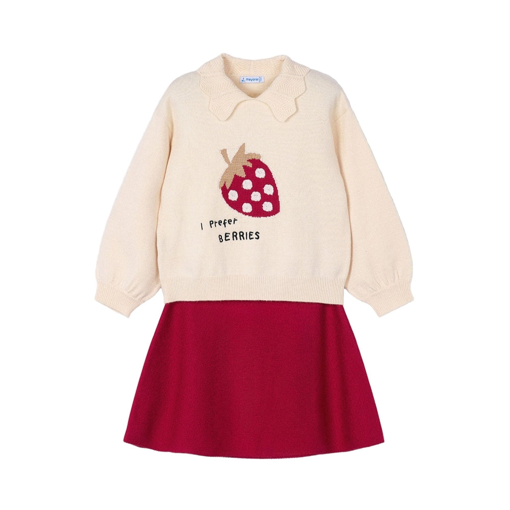 Mayoral Mini Girl Skirt Set Red; cream knit sweater with strawberry graphic and red skirt, two-piece toddler outfit