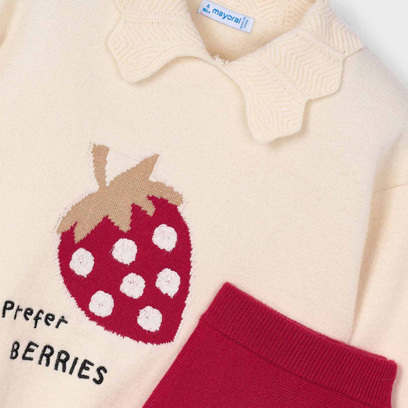 Mayoral baby girl skirt set red; cream knit top with strawberry motif and red skirt