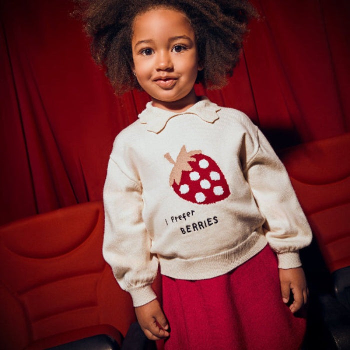 Mayoral Mini Girl Skirt Set Red cream sweater with strawberry graphic and red skirt for toddlers