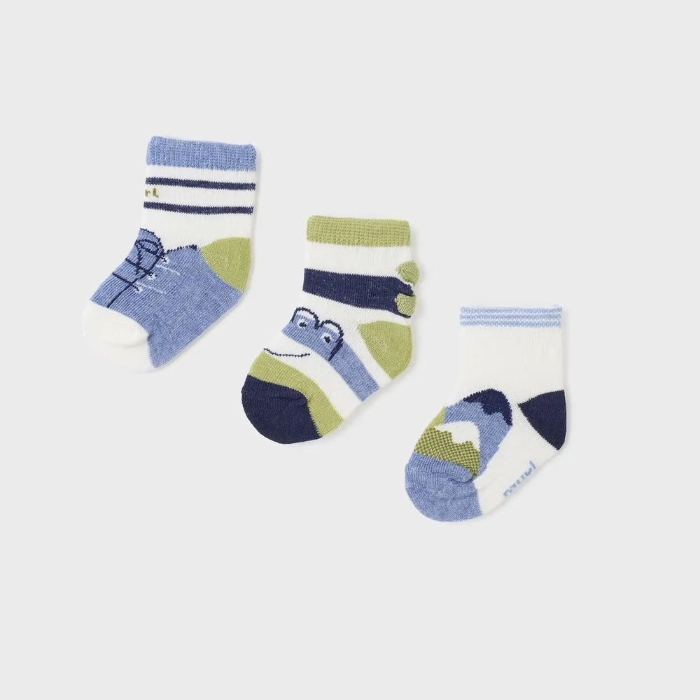 Mayoral Newborn 3 Pack Socks Organic Cotton Tortuga; three turtle-print socks in blue, green, white laid out for display.
