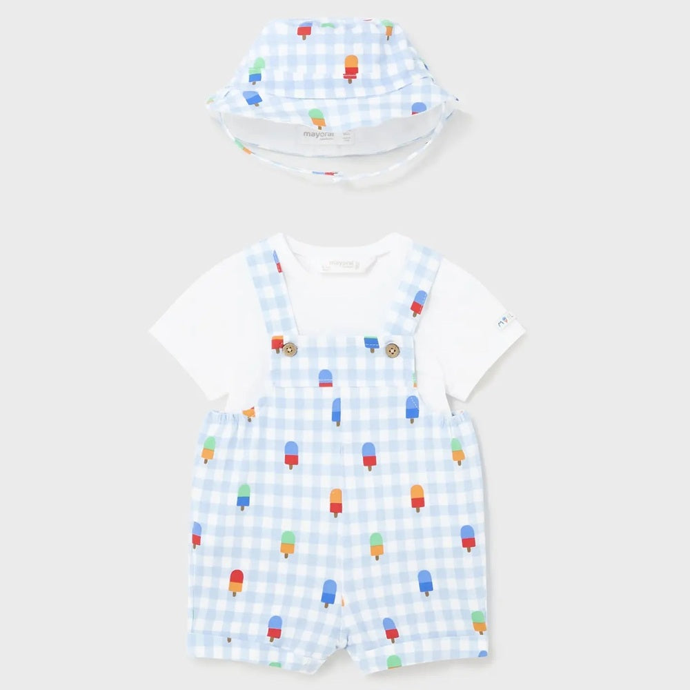Mayoral Newborn 3-Piece Printed Set Light Blue: gingham hat and romper with suspenders featuring colorful popsicle prints.