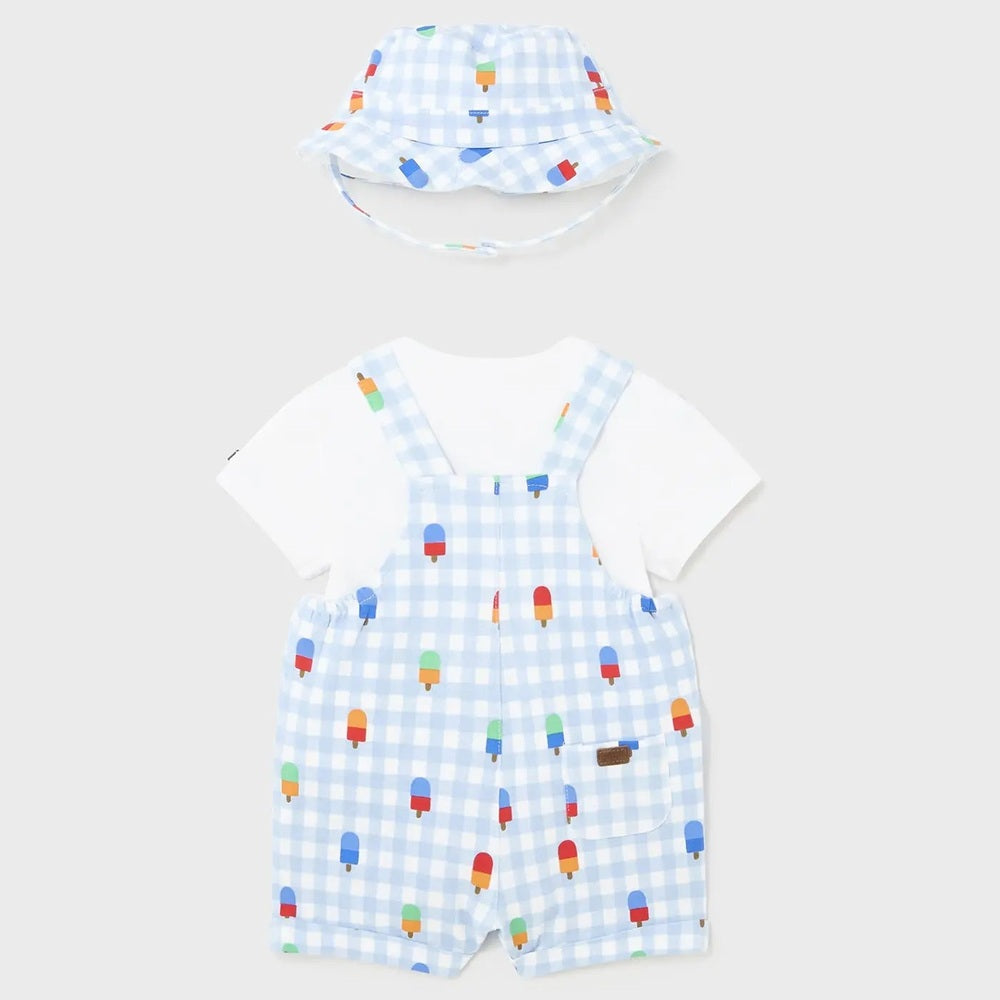 Mayoral Newborn 3-Piece Printed Set Light Blue with hat and gingham overalls featuring popsicles, laid out for display