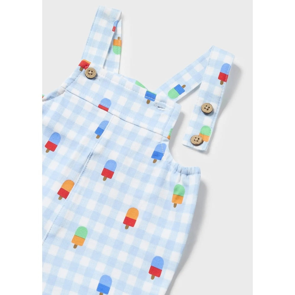 Mayoral Newborn 3-Piece Printed Set in light blue gingham; straps fasten with wooden buttons as popsicles decorate the fabric.