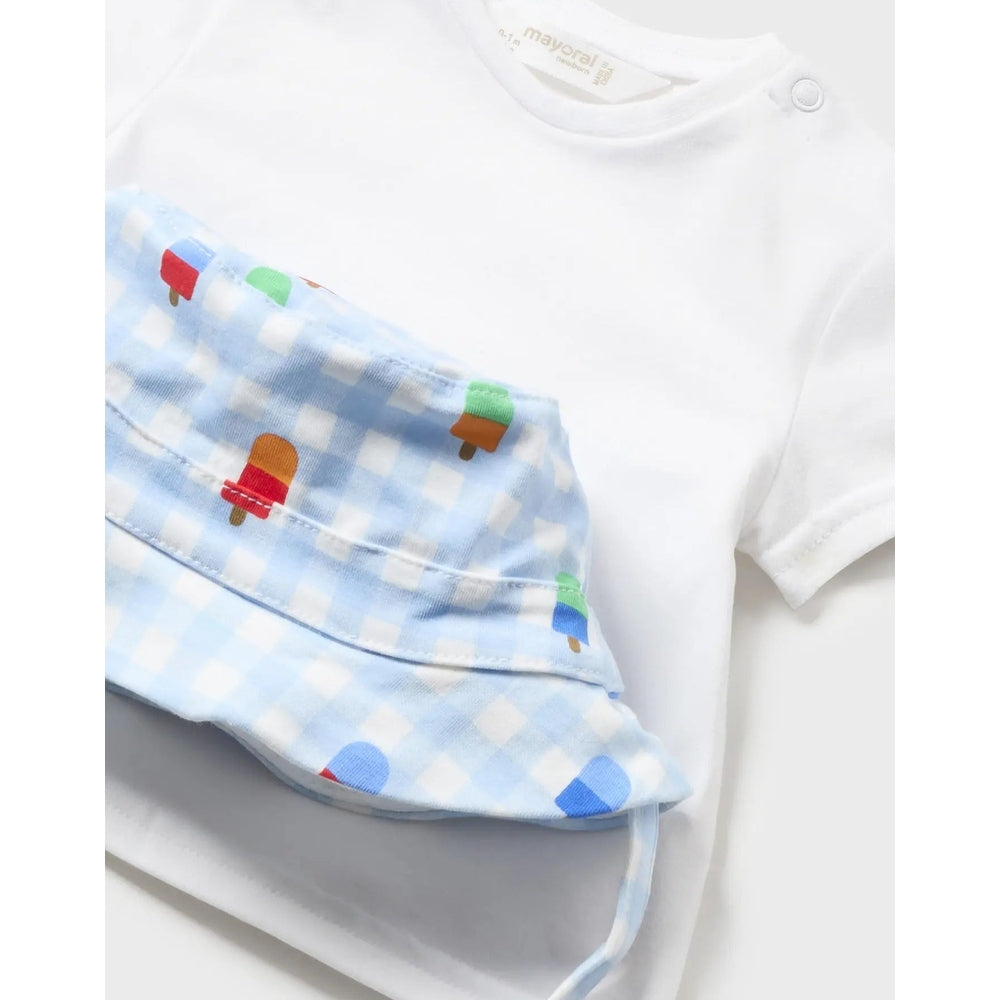 Mayoral Newborn 3-Piece Printed Set Light Blue: white top with blue gingham hat; popsicle prints rest on a white onesie.
