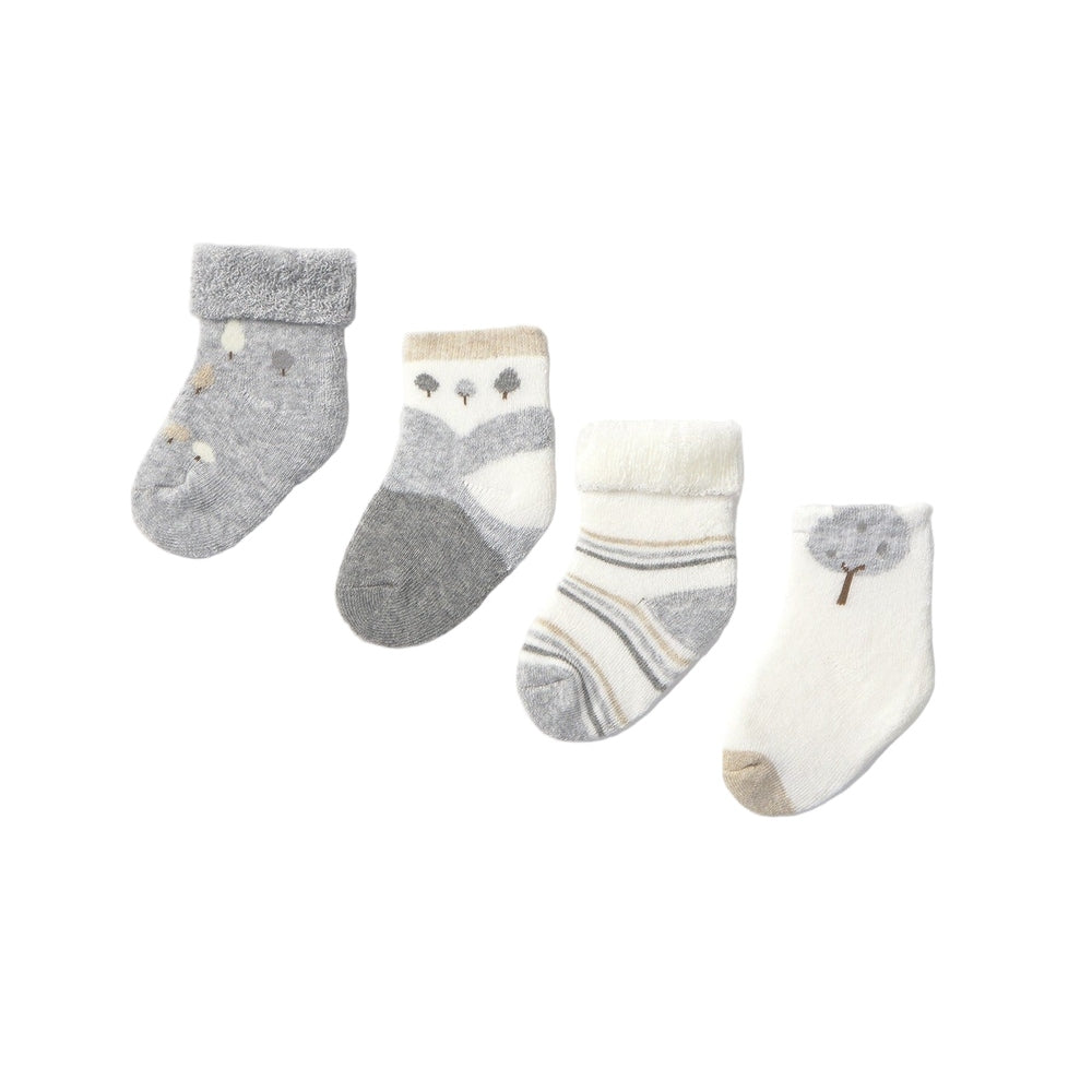 Mayoral newborn socks 4-pack in gray and cream with owl and tree motifs