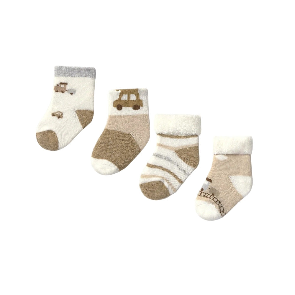 Mayoral newborn 4-pack socks in beige and cream with brown car patterns