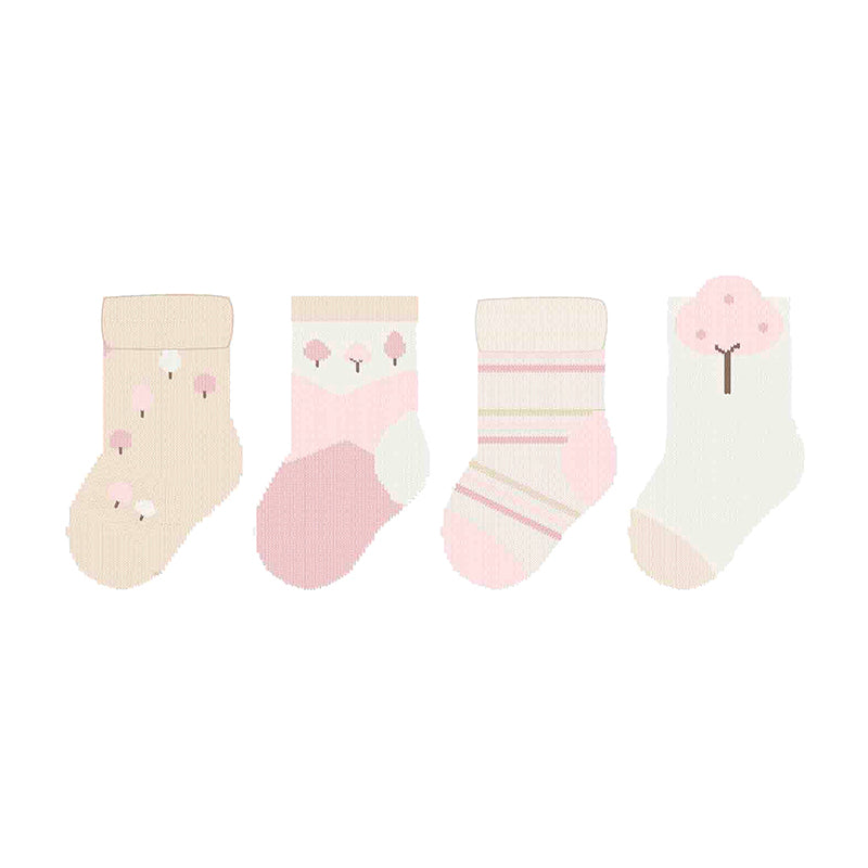 MAYORAL newborn 4-pack socks in pastel pink and cream with tree motifs