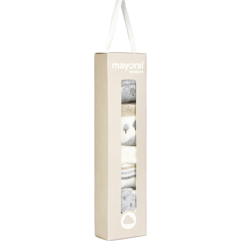 Mayoral newborn 4-pack socks in neutral beige and gray tones, packaged in a beige window box